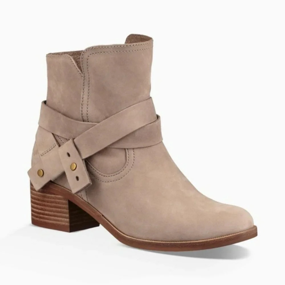UGG Elora Tan Leather Buckle Almond Toe Bohemian Block Heel Ankle Booties 7 - Picture 12 of 12